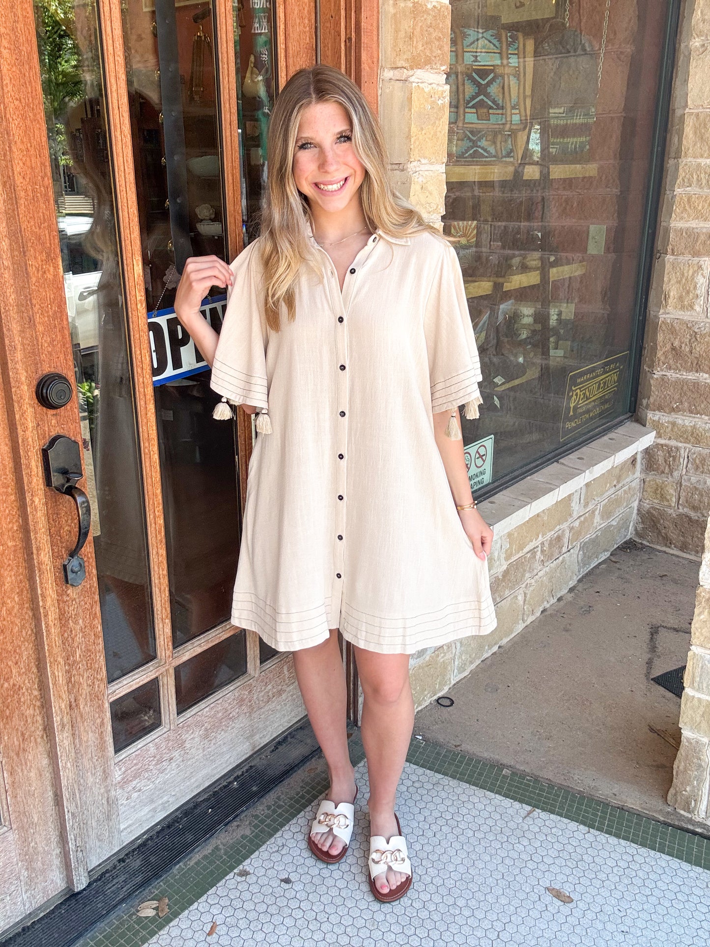 Dresses | Shift Dress Khaki Elbow Tassel Hem Button Front Rayon Linen