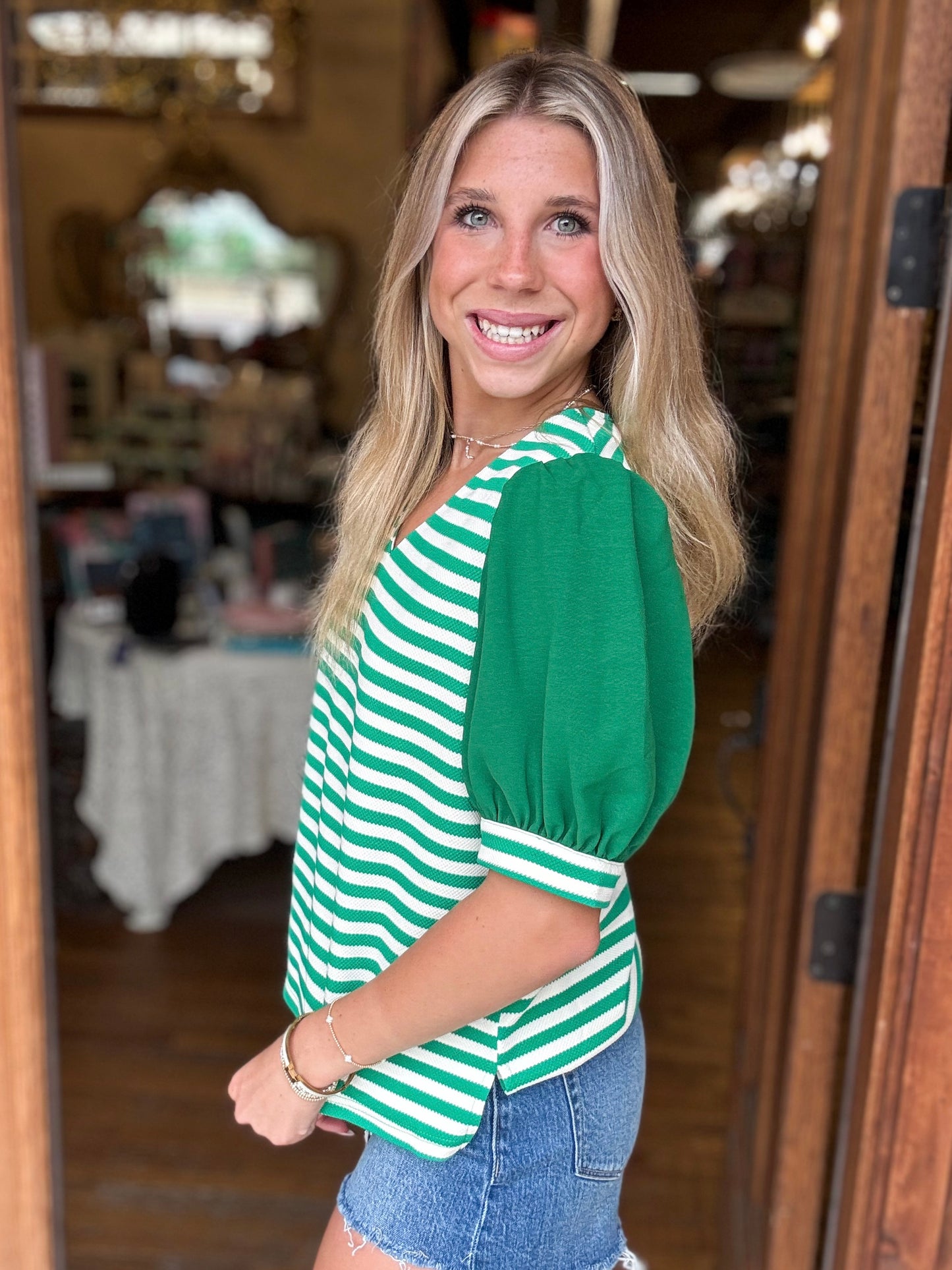 Blouse - Green Stripe Puff Sleeve