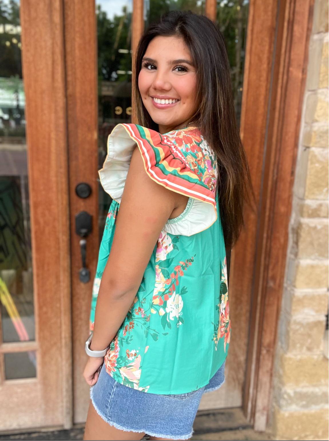 Tops | Blouse Floral Printed with Border Flutter Sleeve and Placket