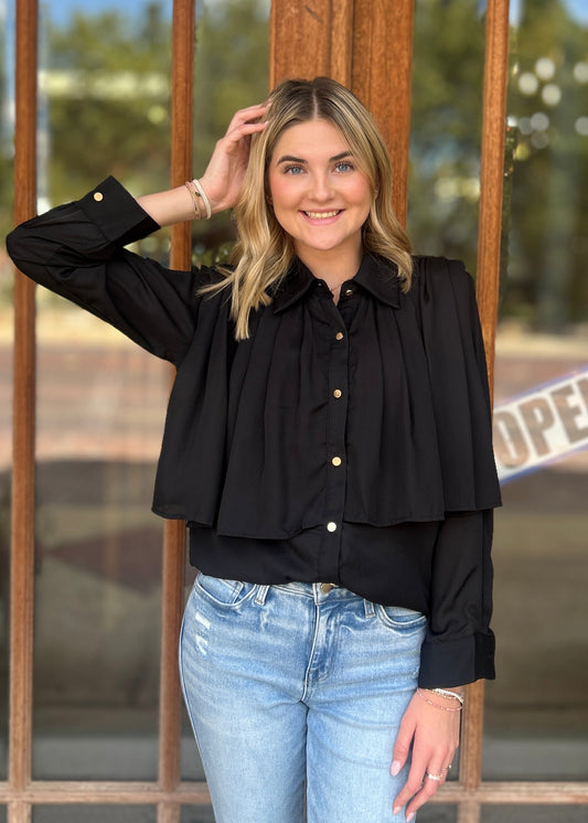 Blouse Black Loose Pleated Split Joint Lapel Long Sleeve