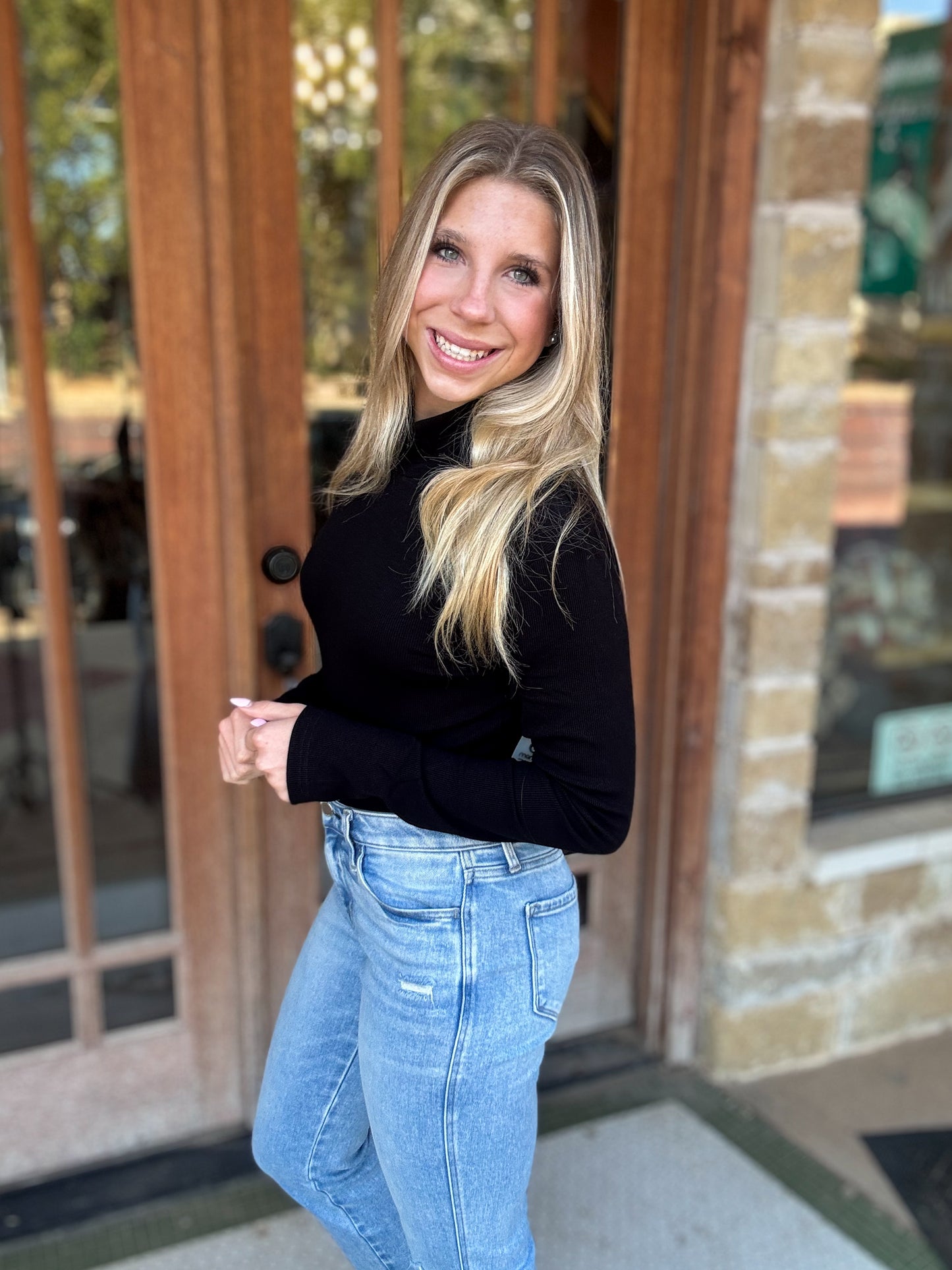 Micro Ribbed Long Sleeve Turtleneck: Black