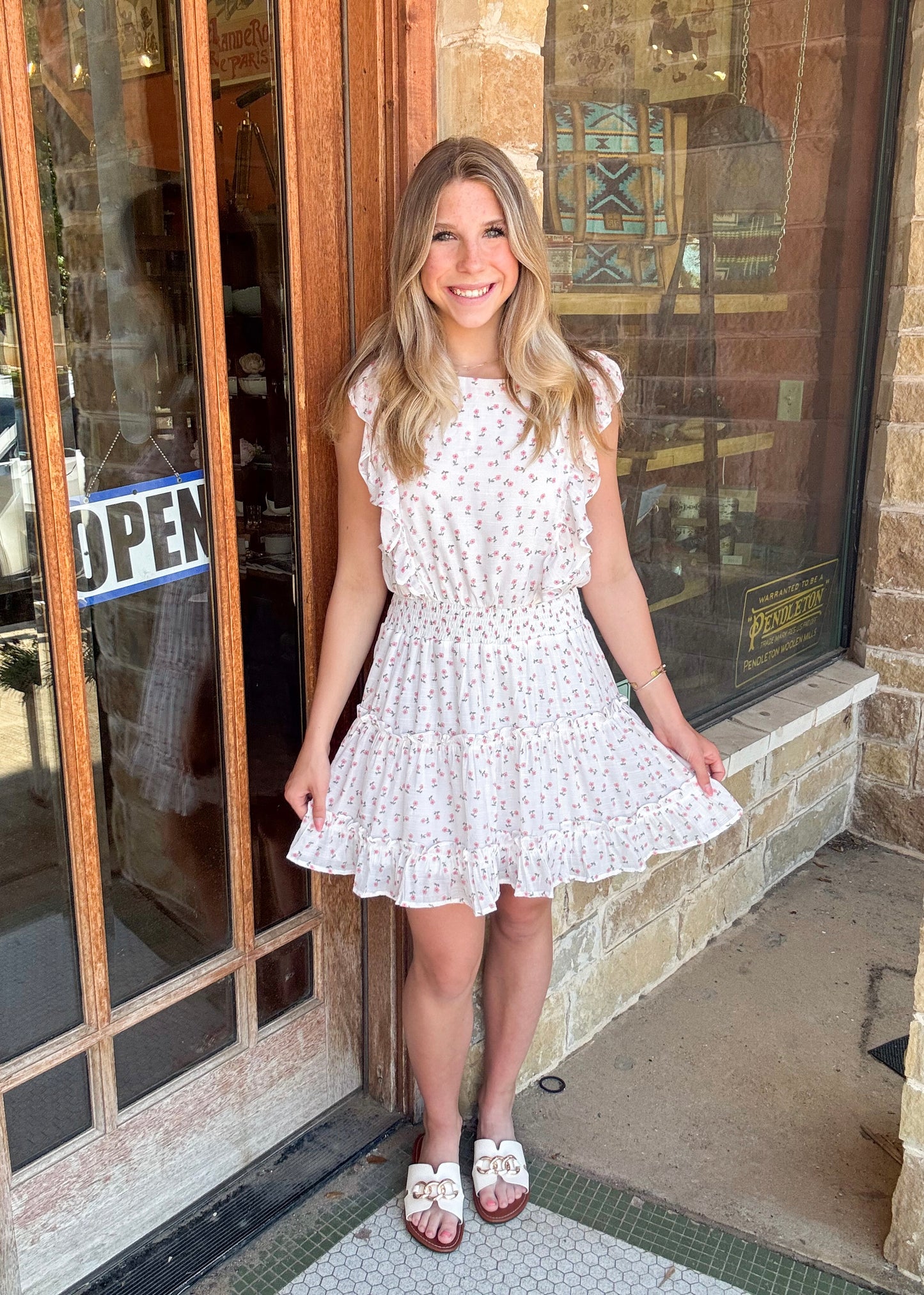 White Ditsy Floral Print Ruffle MIni Dress
