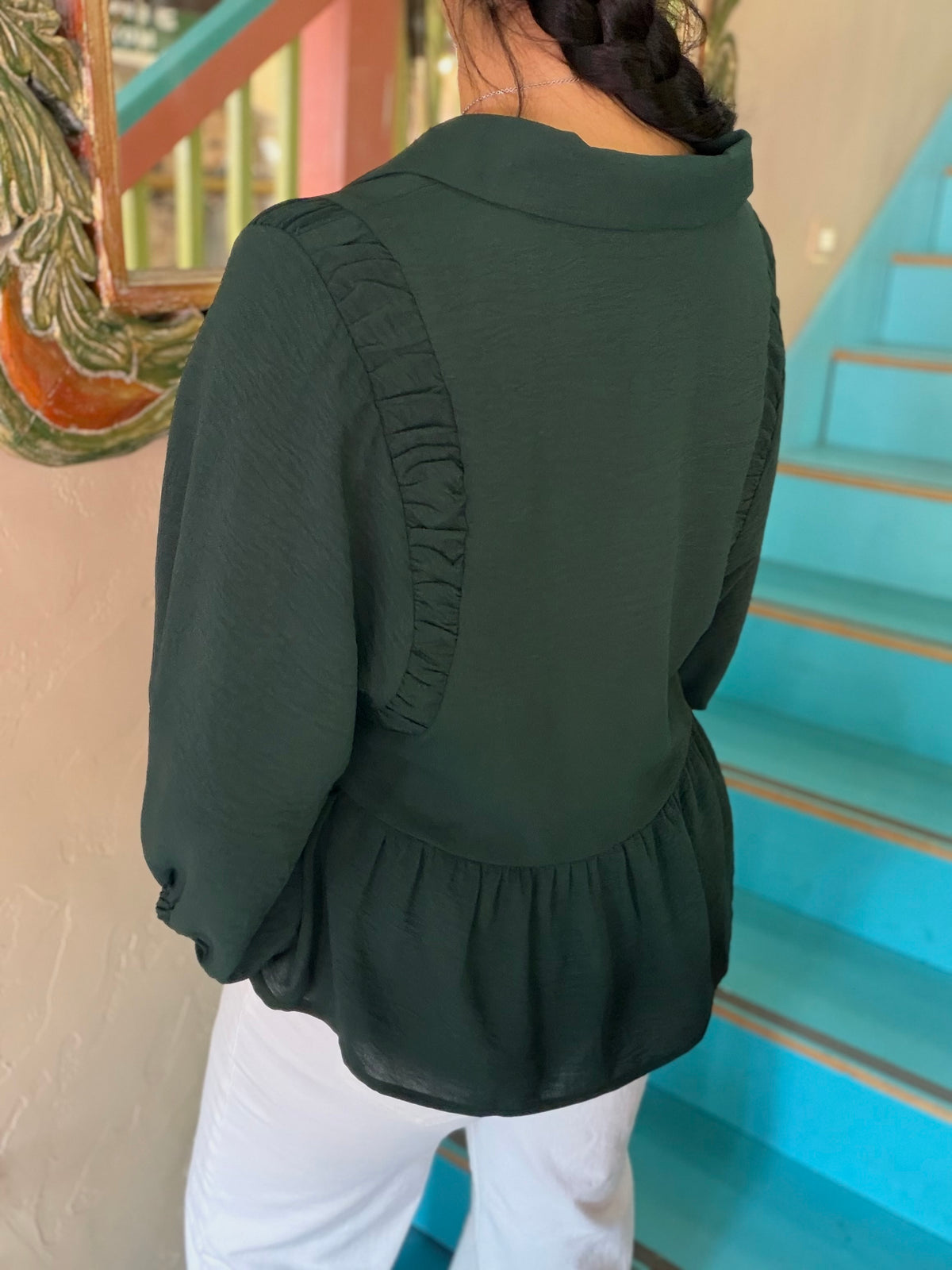 Blouse - Hunter Green Ruffle Peplum