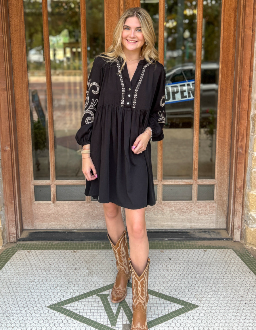 Dress | Mini Black Paisley Embroidered V-Neck Baby Doll