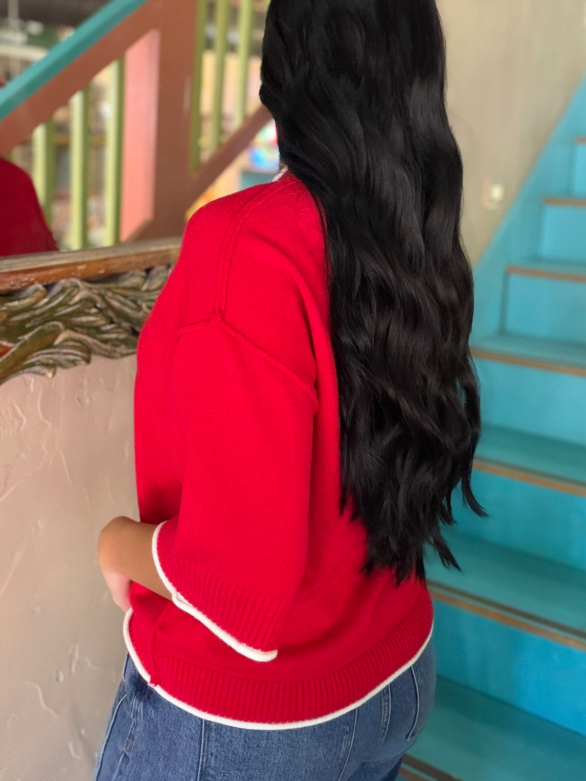 Sweater - Red & White Contrast Trim