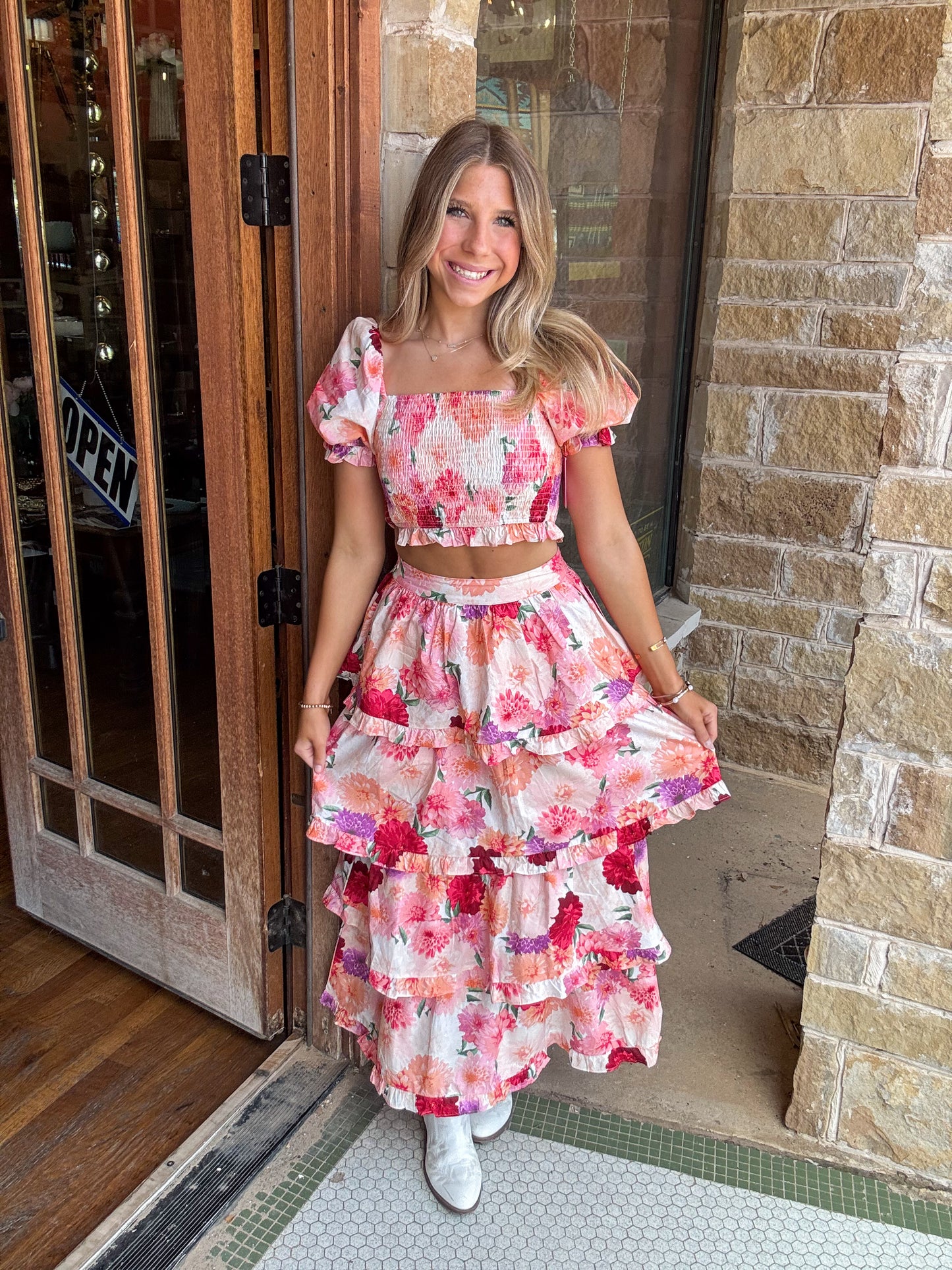 Sets | Buddy Love Top/Maxi Skirt Carina Floral Smocked Puff Sleeves Top Elastic Waist Tiered Ruffled