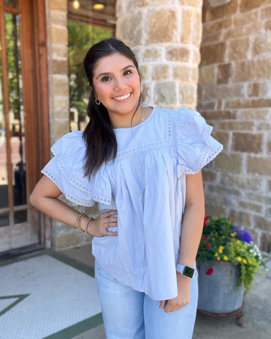 Tops | Blouse Baby Doll Style  Blue Crochet Lace Detailing Poplin Fabric