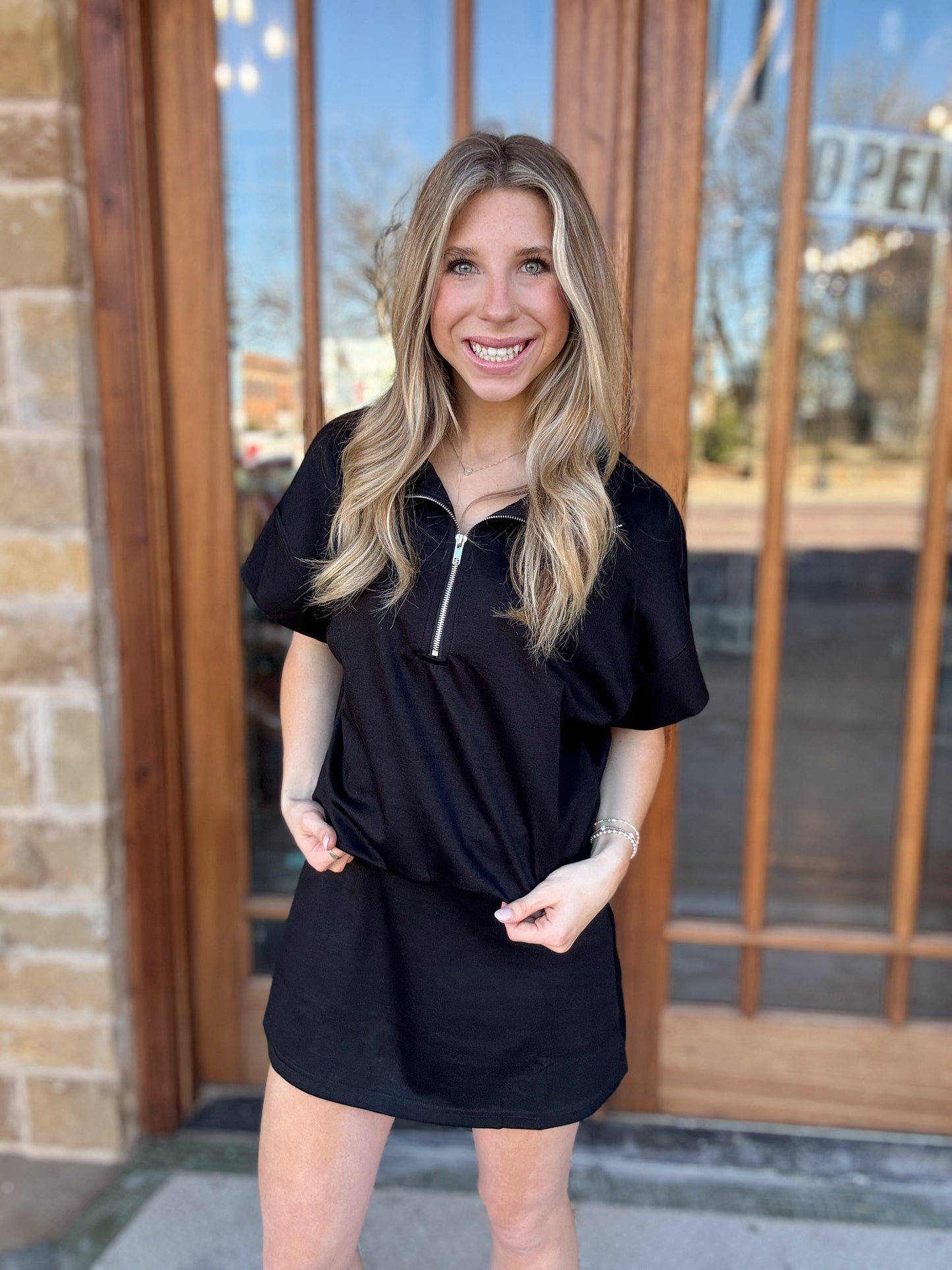 Black Half Zip Mini Skirt Set