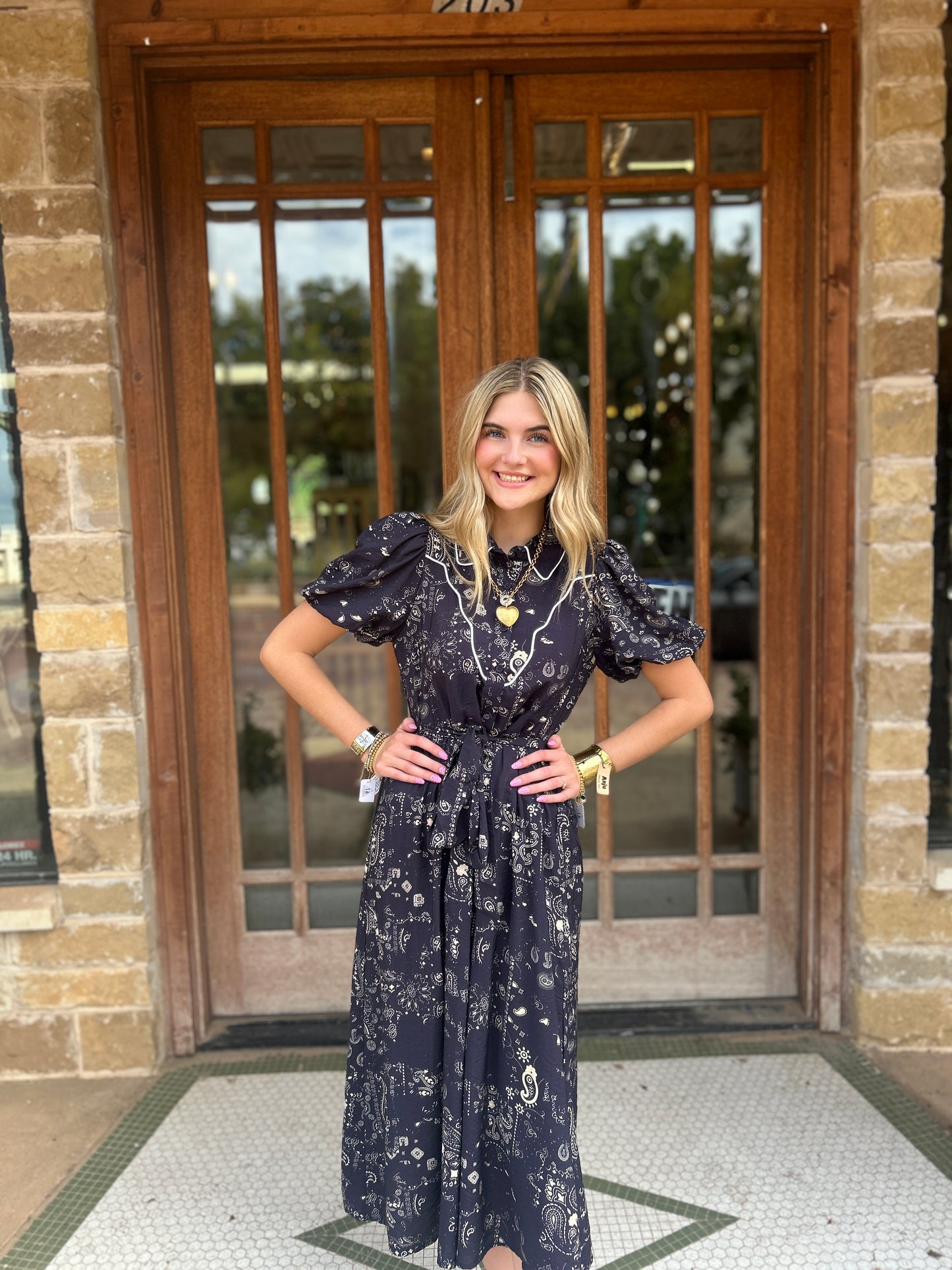 Dress | Midi Navy Paisley Print Button Front Contrast Piping in Top