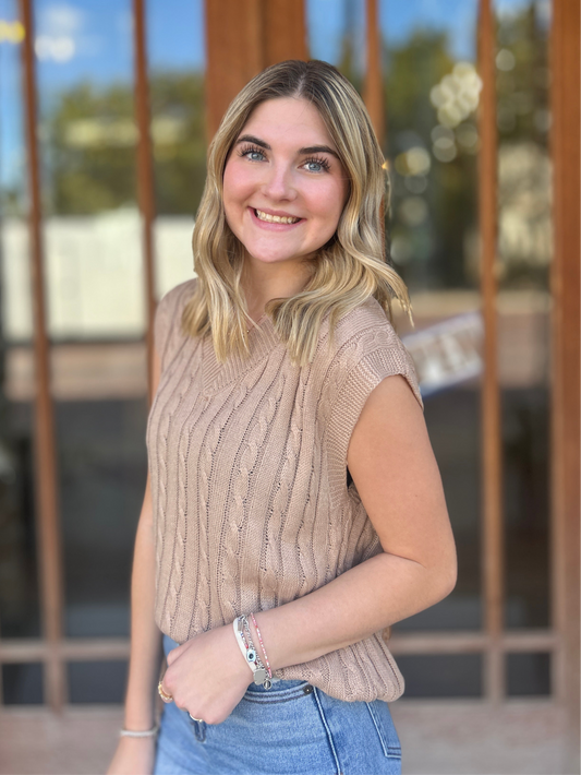 Tops | Sweater V-Neck Solid Color Sleeveless Khaki