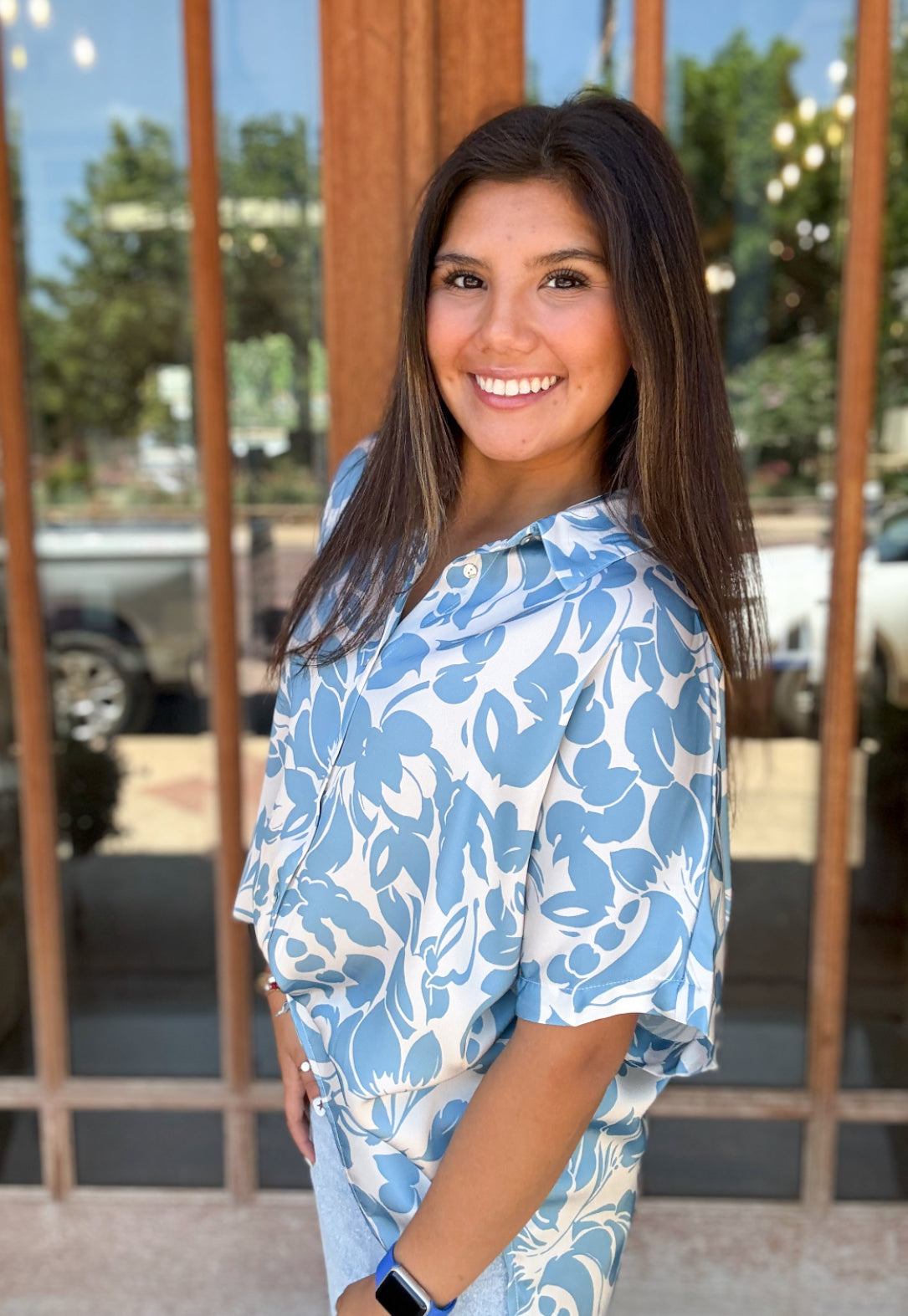 Tops | Blouse Blue Floral Print Collared Short-Sleeve Satin Button Front