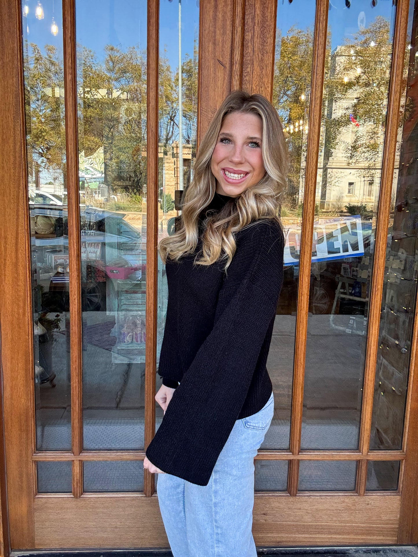 Bell Sleeved Black Knit Sweater