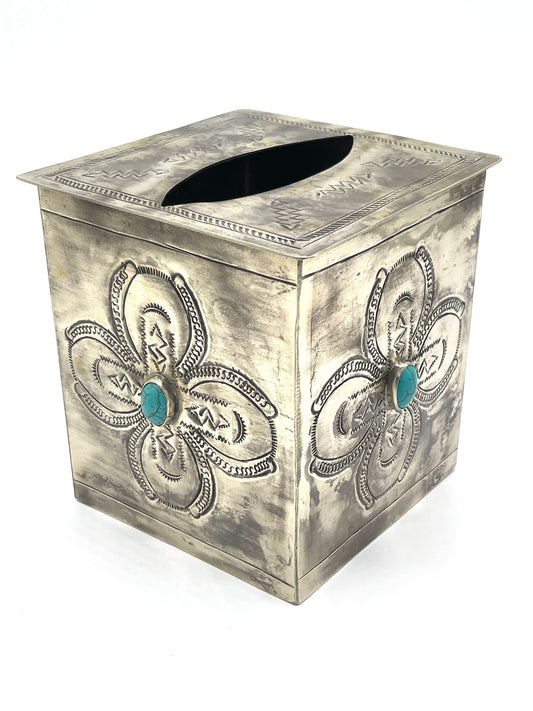 Stamped Tissue Box Cover W/Turquoise