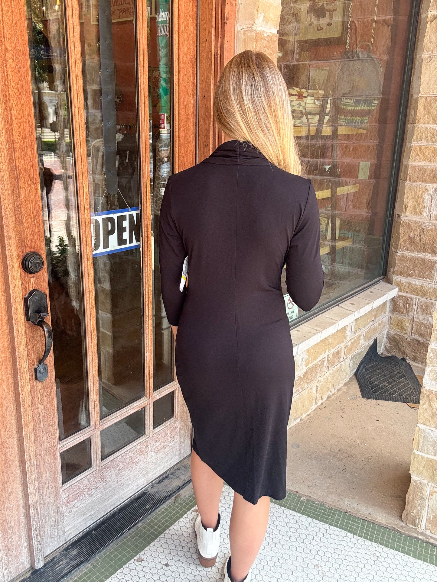 Dresses | Karen Kane Black Cascade Wrap 3/4 Sleeve