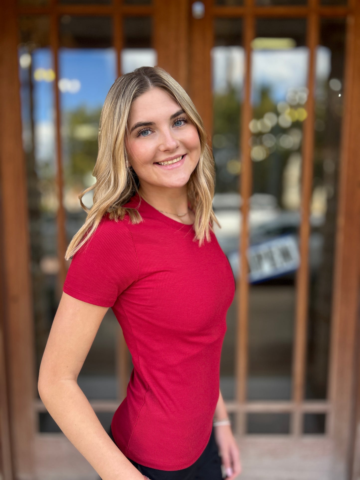 Athleisure | Essential Short-Sleeved Micro-Ribbed Athleisure Top: GARNET RED