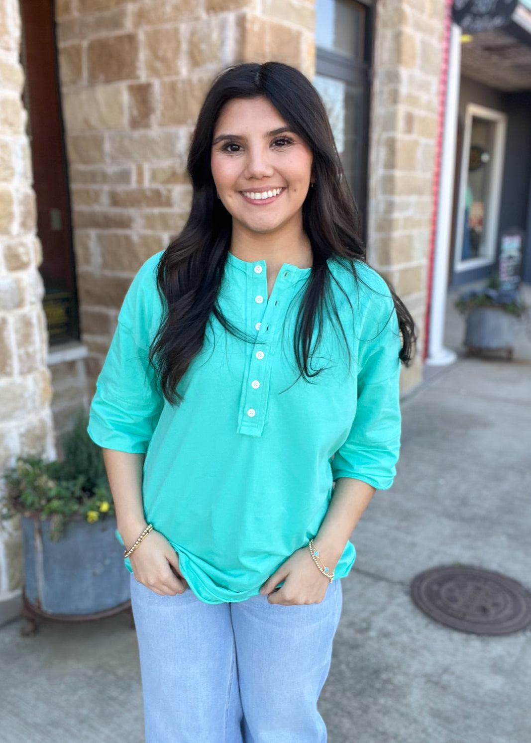 Top | Mint Green Half Sleeve Button Henley Top