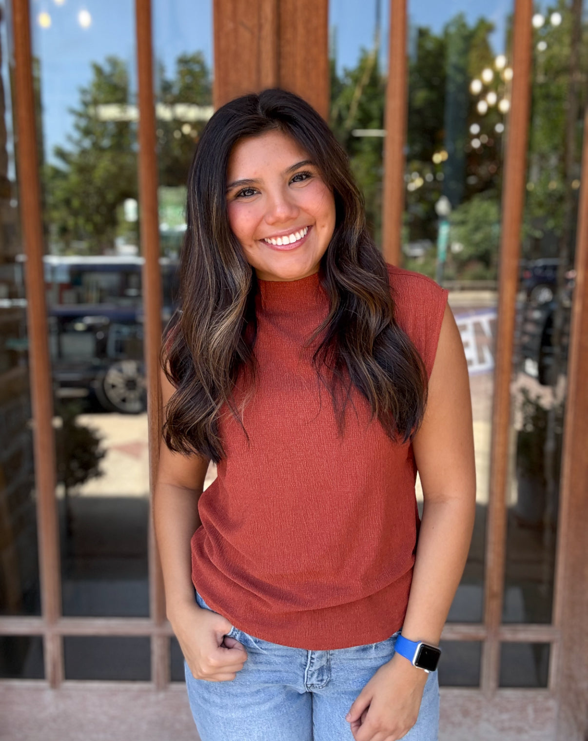 Tops | Blouse Baked Clay Stretchy Crinkled Fabric Sleeveless