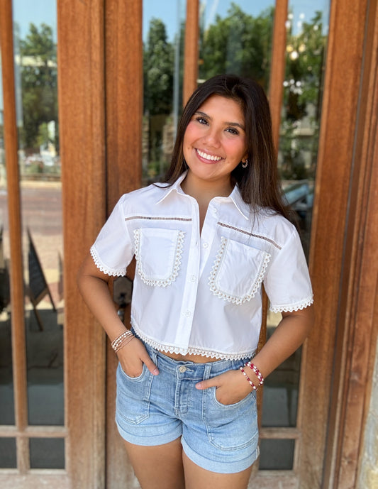 Tops | Blouse Off White Lace Trim Cropped