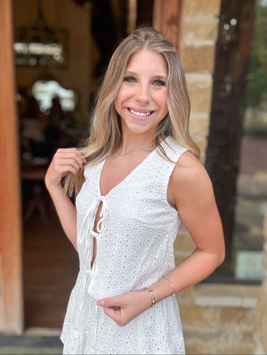 Sets | Vest and Skirt Mini White Floral Eyelet Lace Tie Front and Elastic Waist Tiered Skirt