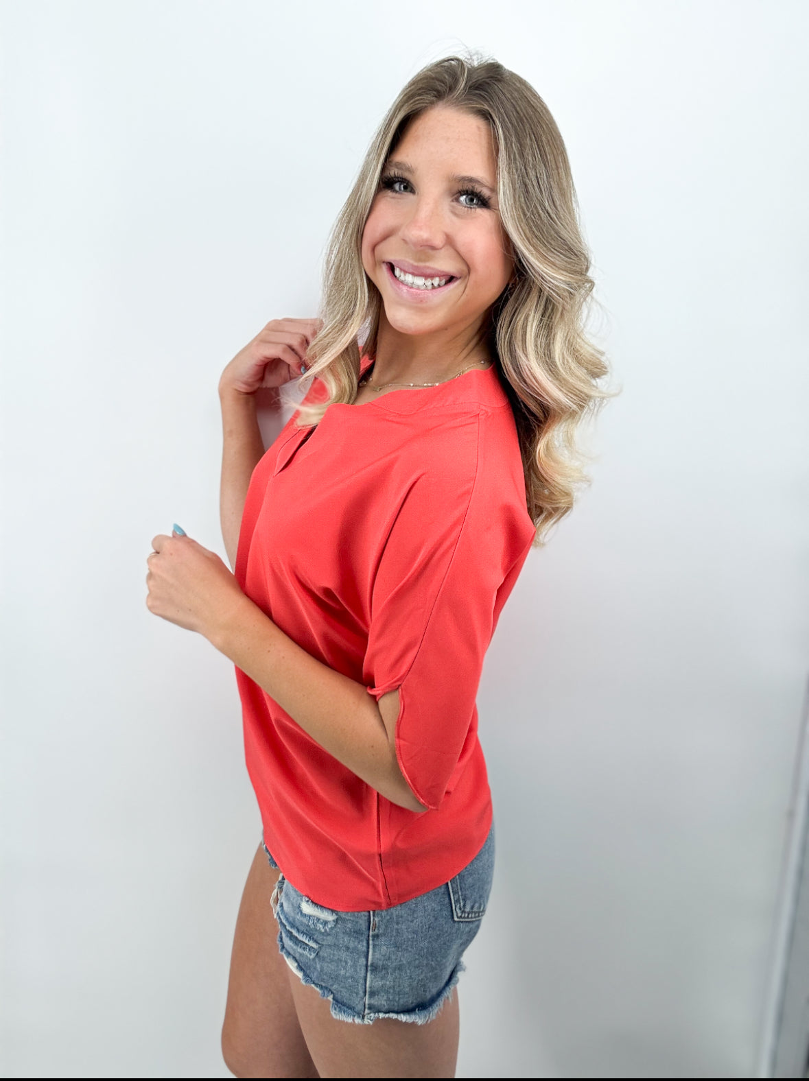 Tops | Blouse Fire Brick Color V-Neck Short Sleeve