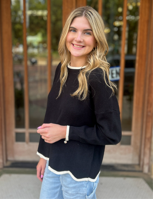 Tops | Sweater Black Knit with Contrasting Colors & Wavy Hem