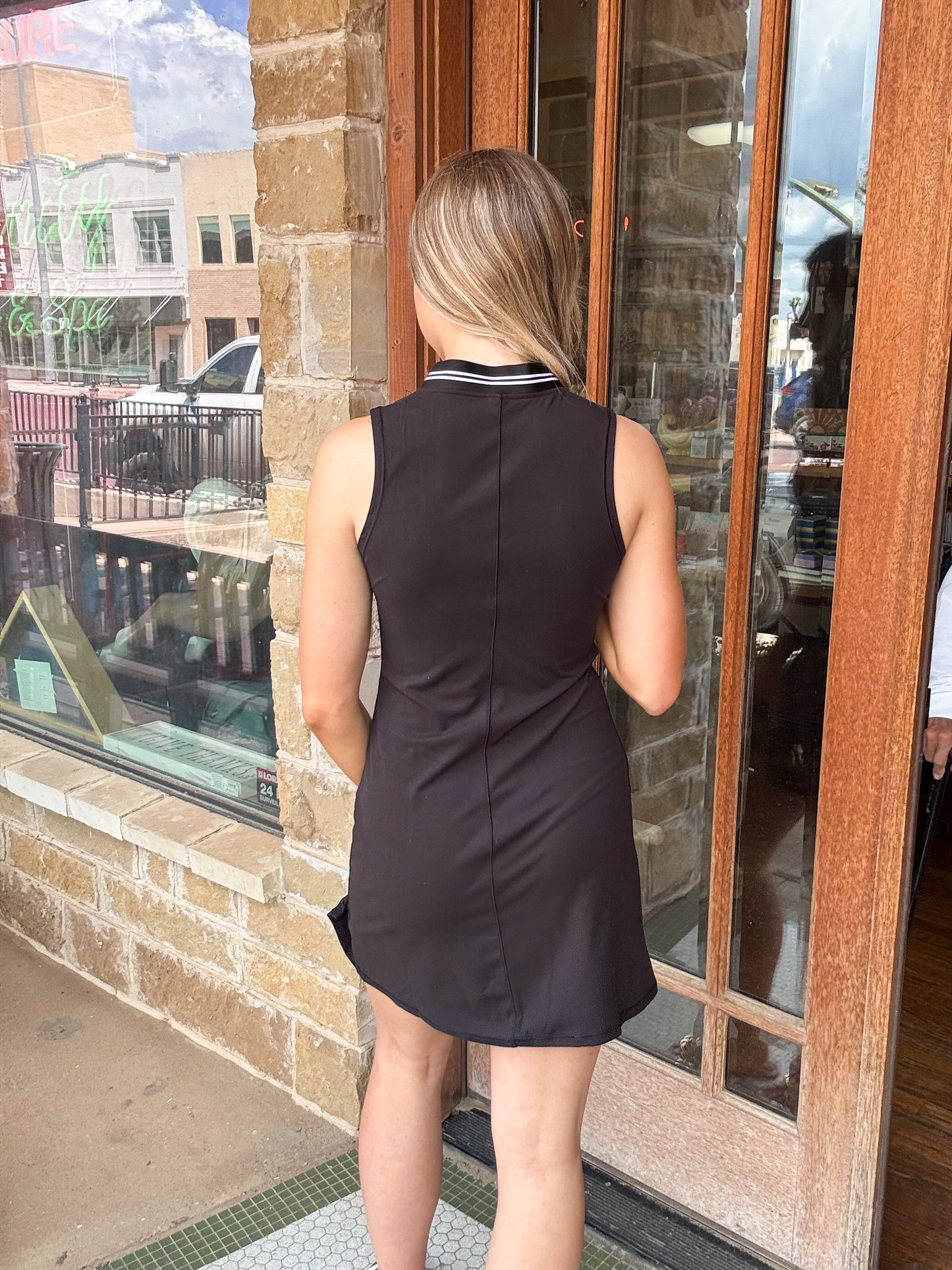 Athleisure | Tennis Dress Black V- Neck Slit W/ Contrast Stripe