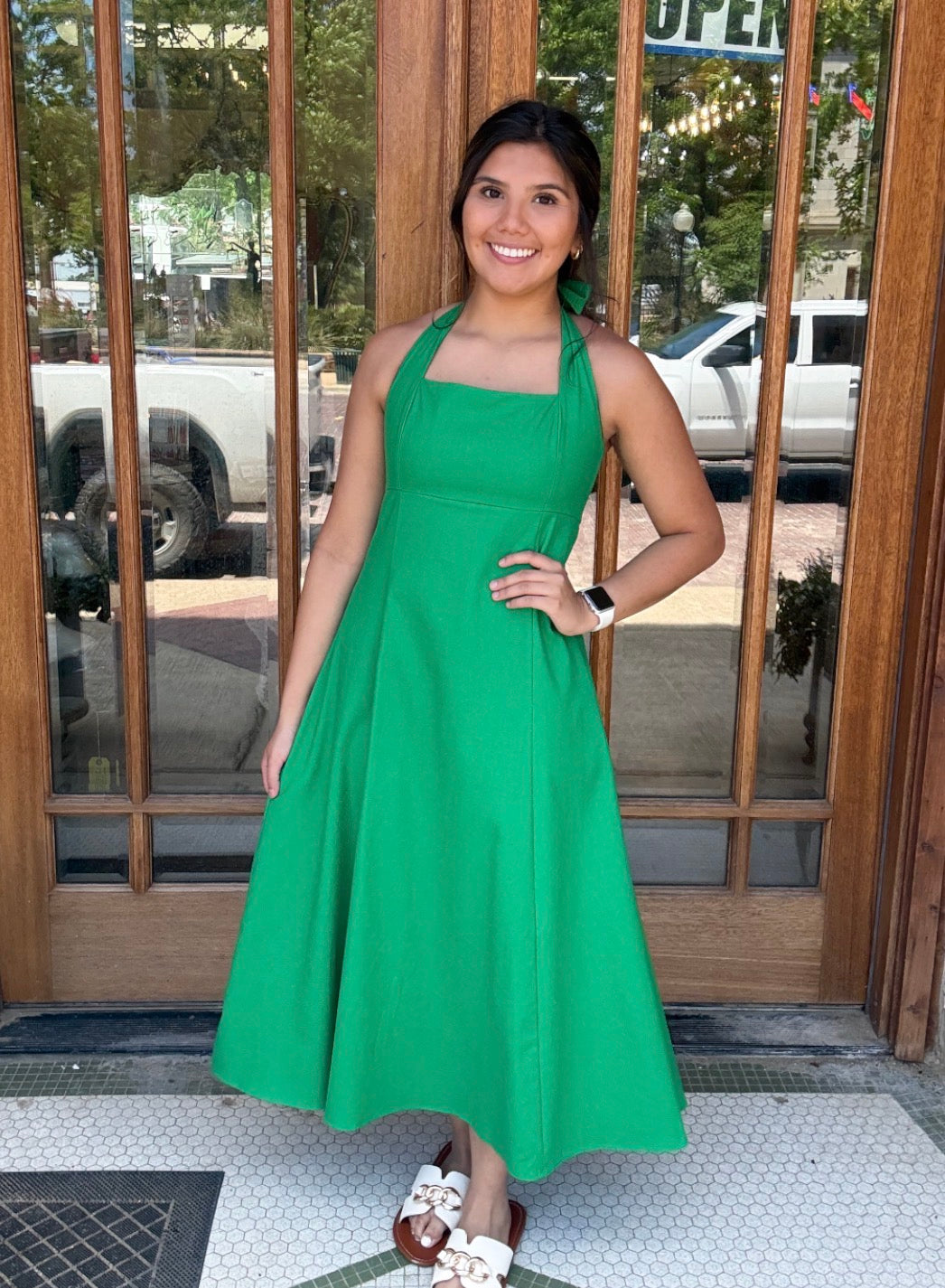 halter neck tie dress Self-Tie Back Smocked Midi My Actual Bust is:66