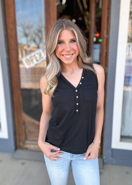 Tops | Tank Top Black Slub Knit Half Button Sleeveless
