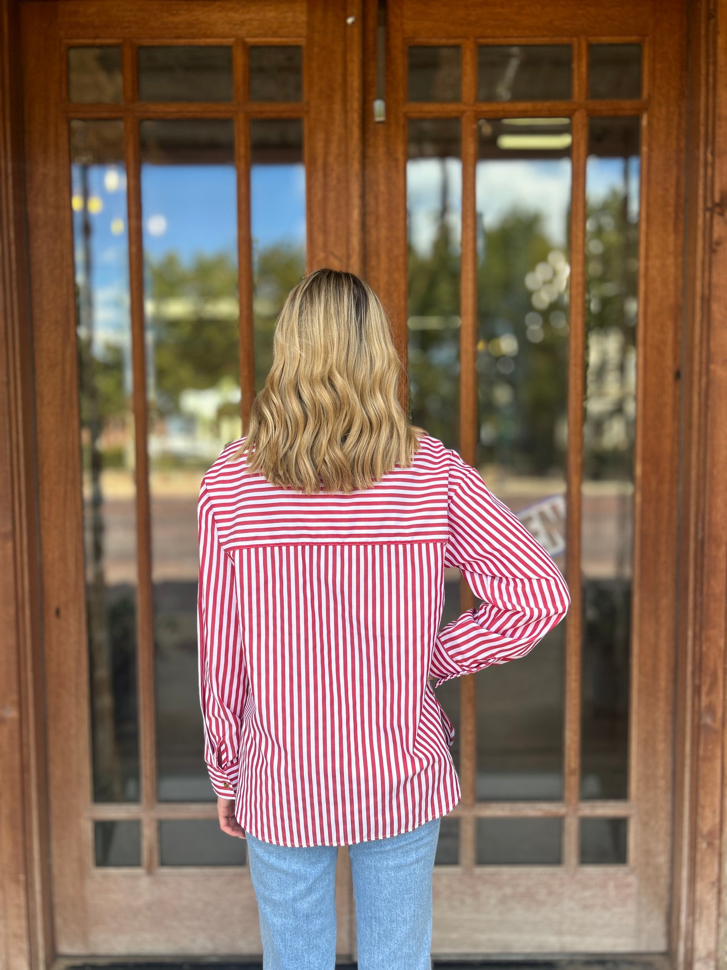 Tops | Blouse Stripe Patch Pocked Side Slit Loose Red