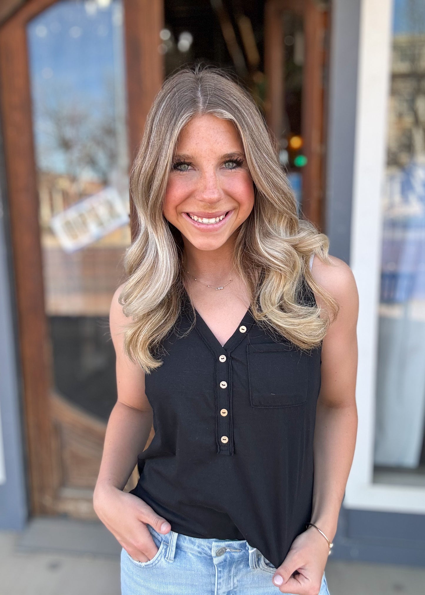 Tops | Tank Top Black Slub Knit Half Button Sleeveless