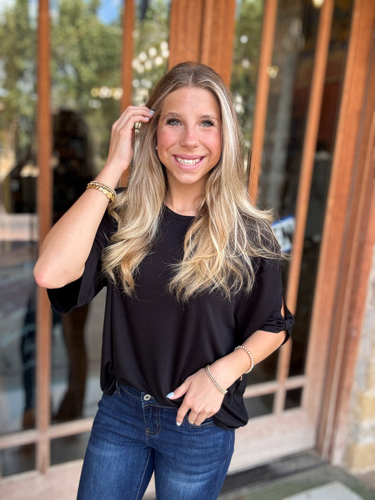 Tops | Blouse Black Tie Accent Sleeve Soft Cupro