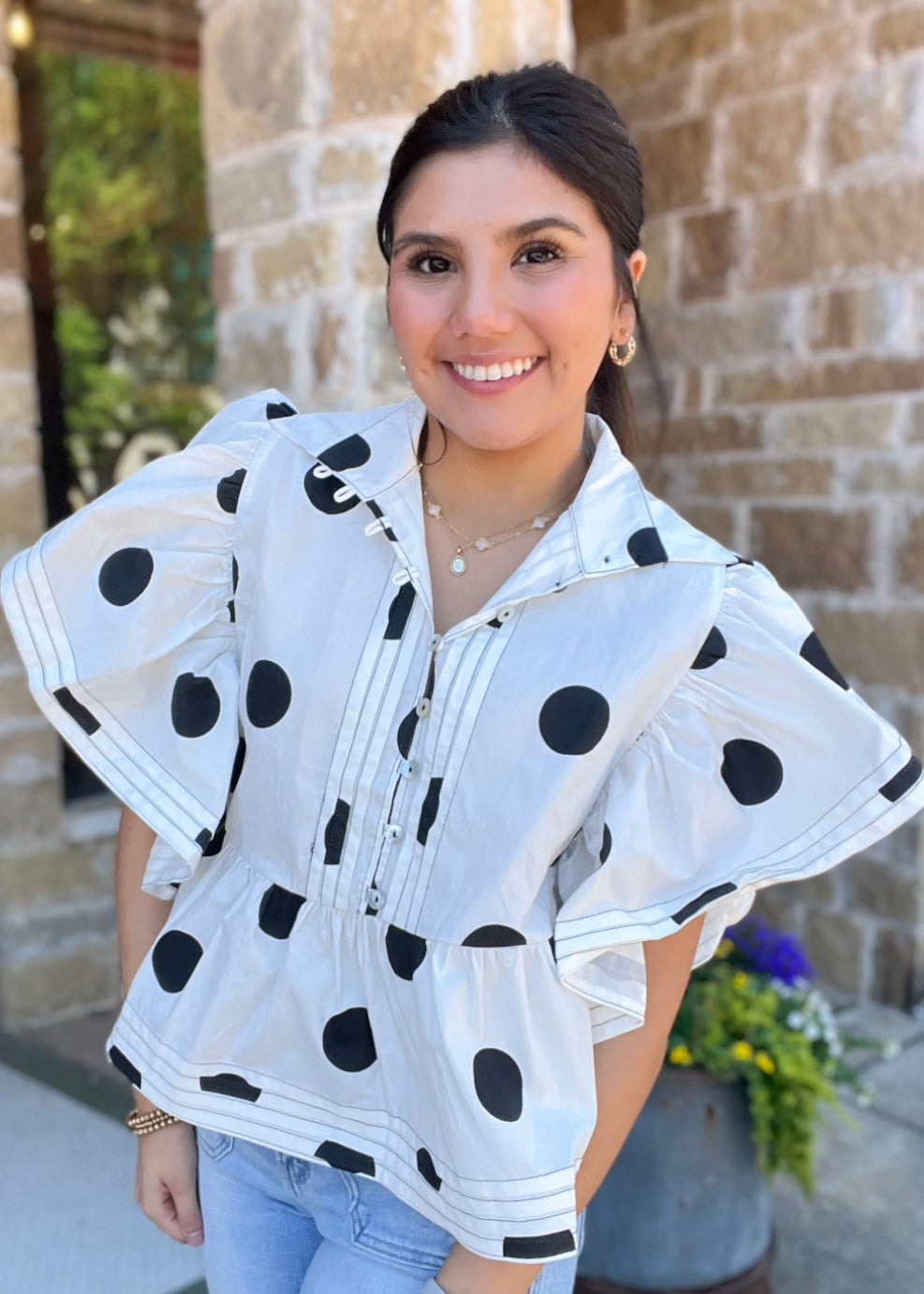 Polka Dot Ruffle Sleeves Pintuck Detail Ivory/Black