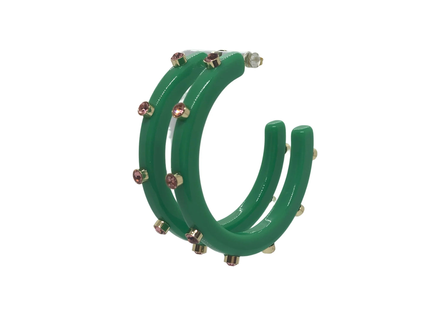 Earrings | Kelly Green Hoop Earrings with Pink Rhinestones