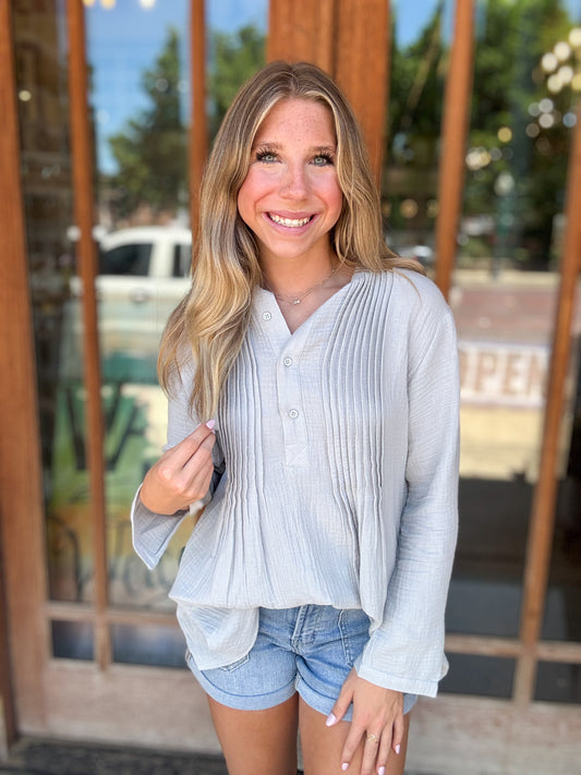 Tops | Blouse Grey Long Sleeve with Pleated Front Detail