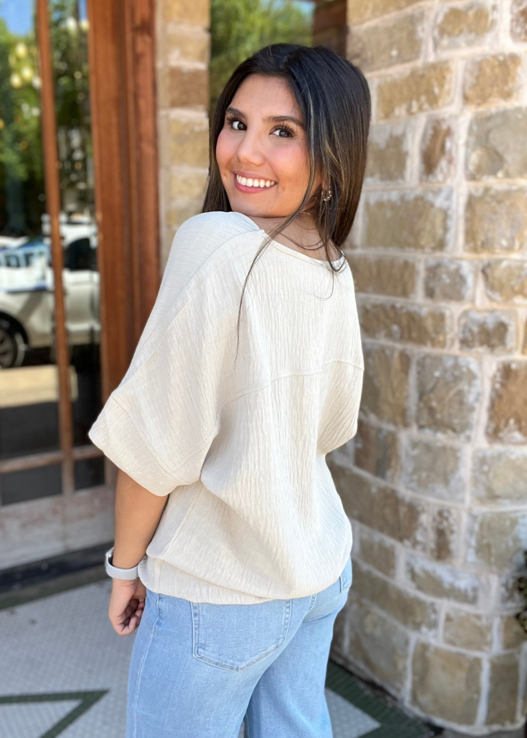 Taupe Textured Fabric Loose Fit Short Sleeve Top