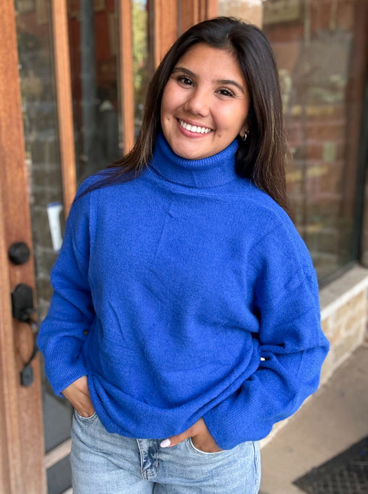 Tops | One Size Fits All Blue Loose High Neck Pullover Sweater