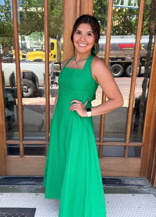 Dress - Green Halter Neck Self Tie