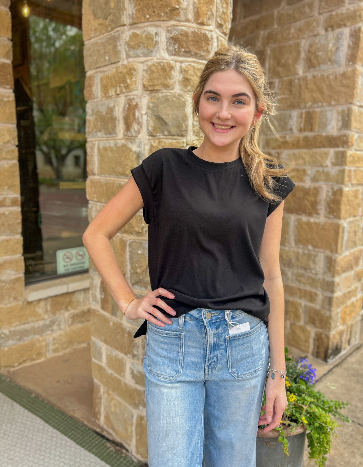 Tops | Tee Black Solid Short Sleeve