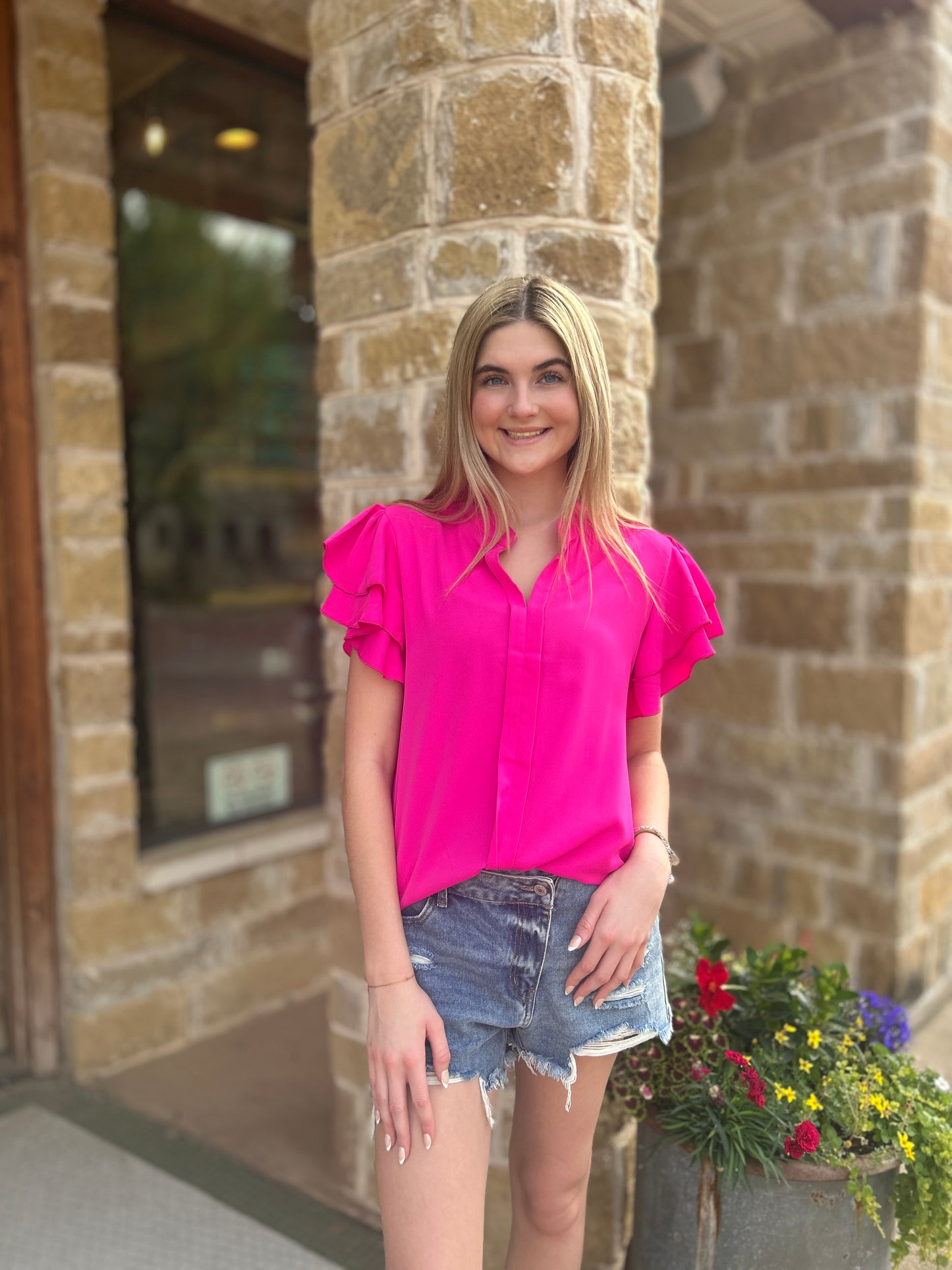 Pink V-Neck Double Layer Ruffle Sleeve Top