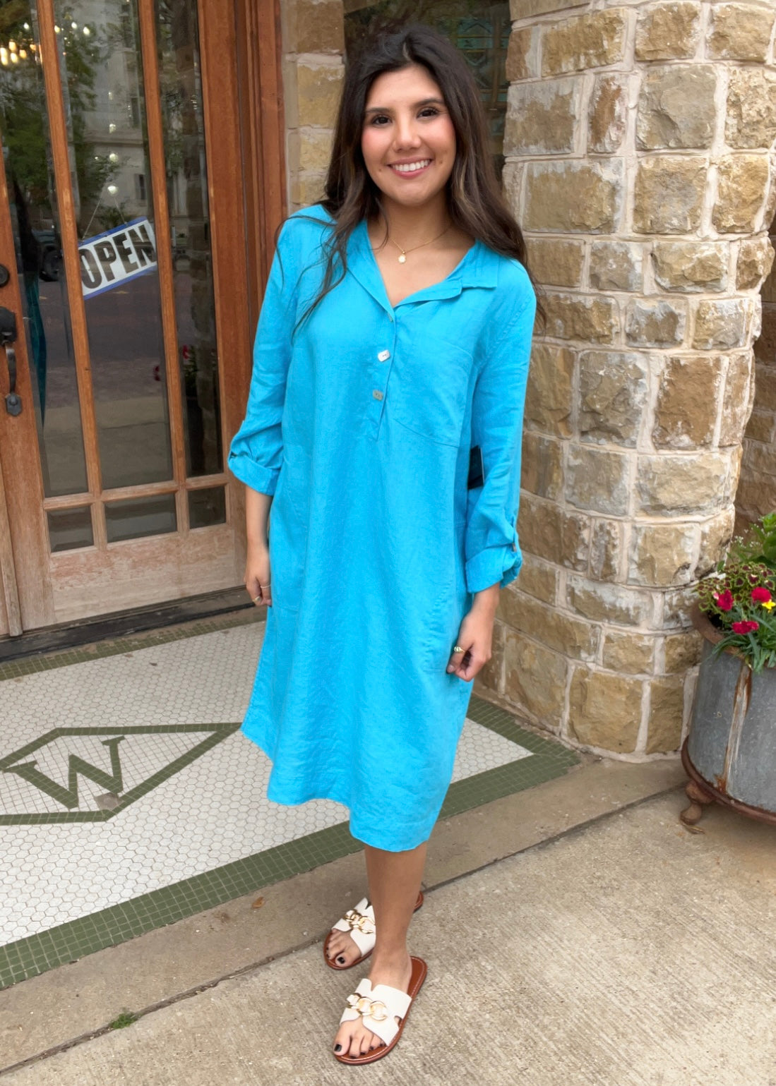 John Mark Ocean Blue Pull On Dress W/Front Pocket & Roll Tab Sleeves