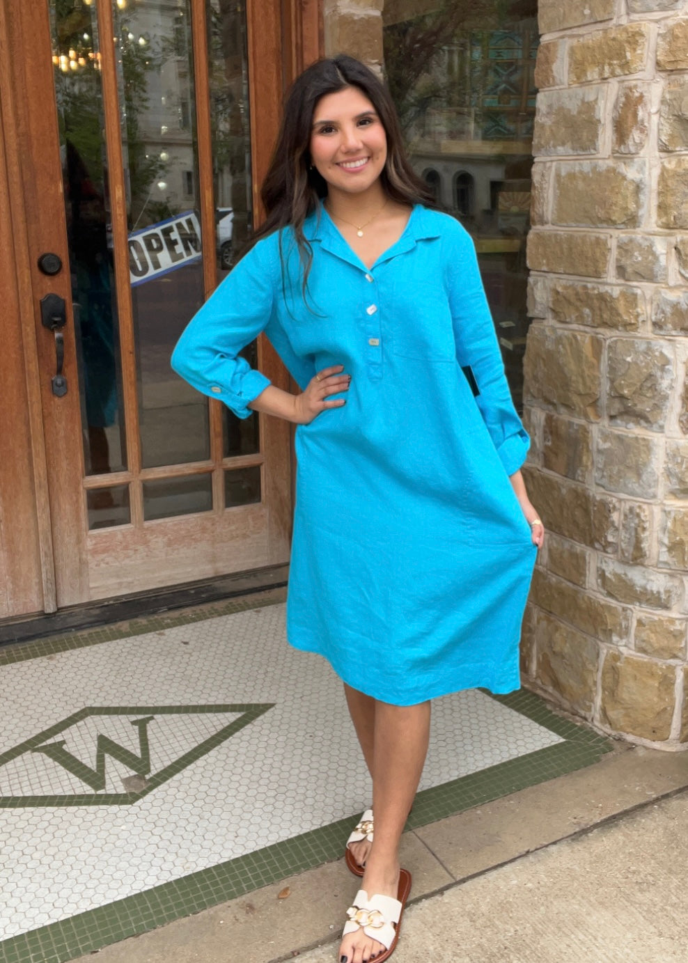 John Mark Ocean Blue Pull On Dress W/Front Pocket & Roll Tab Sleeves