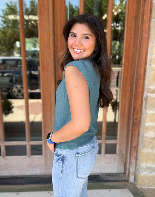 Tops | Blouse Teal Green Stretchy Crinkled Fabric Sleeveless