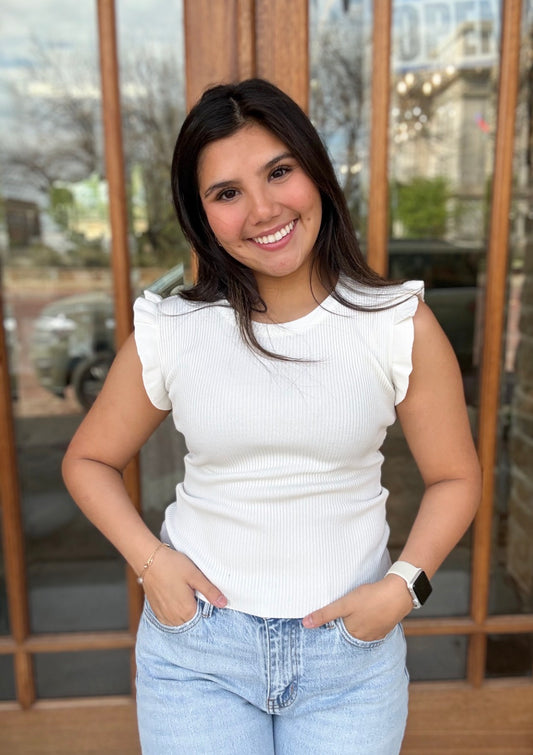 White Ruffle Sleeveless Sweater Knit Top
