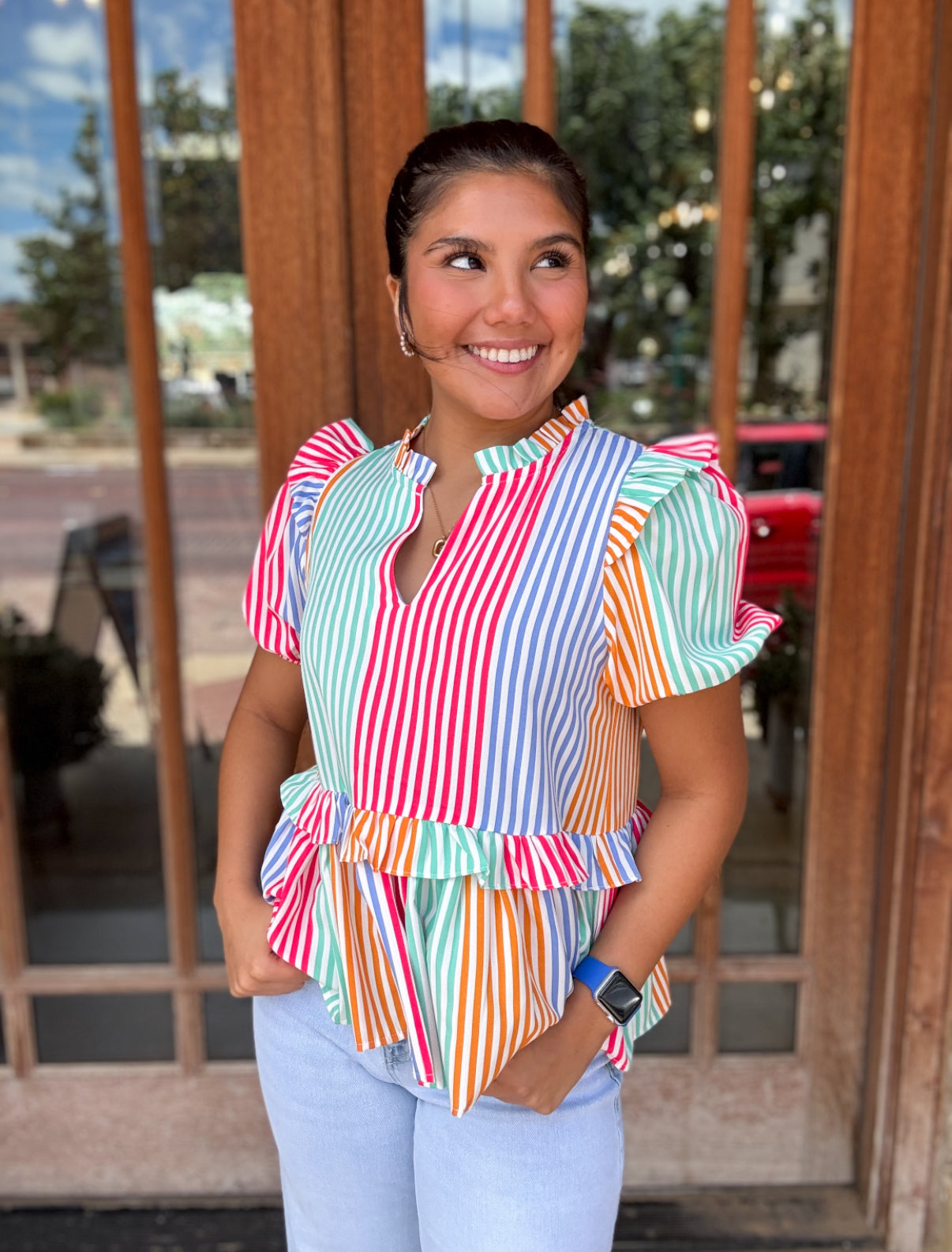 Tops| THML Blouse Multicolor Stripe Short Sleeve
