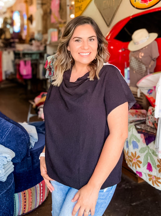 Blouse - Black Draped Mock Neck