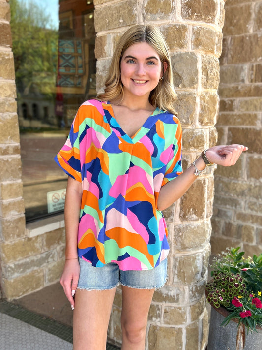 Tops | Blouse Multi V-Neck Short Roll-Up Sleeve Geo Woven