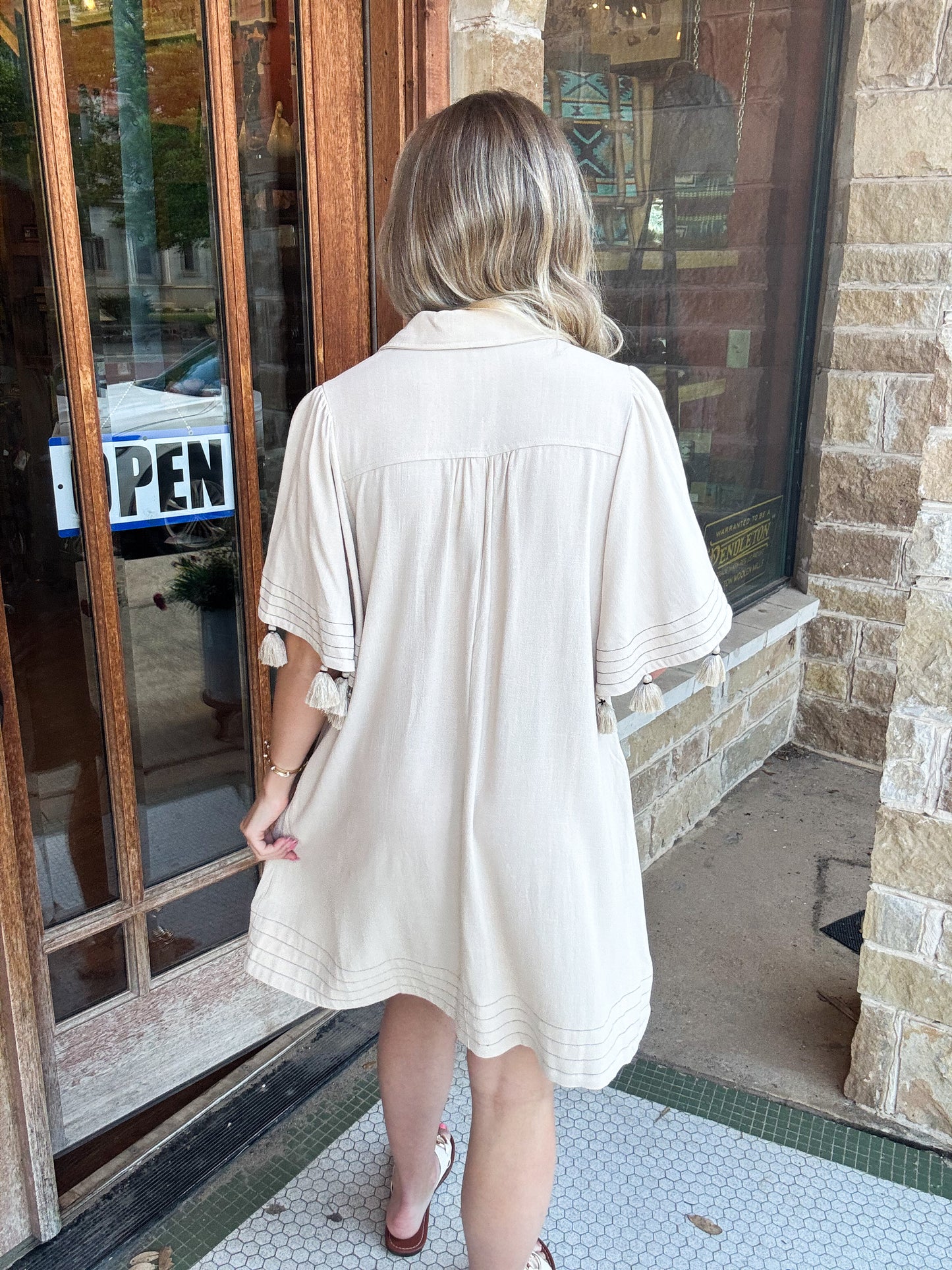 Dresses | Shift Dress Khaki Elbow Tassel Hem Button Front Rayon Linen