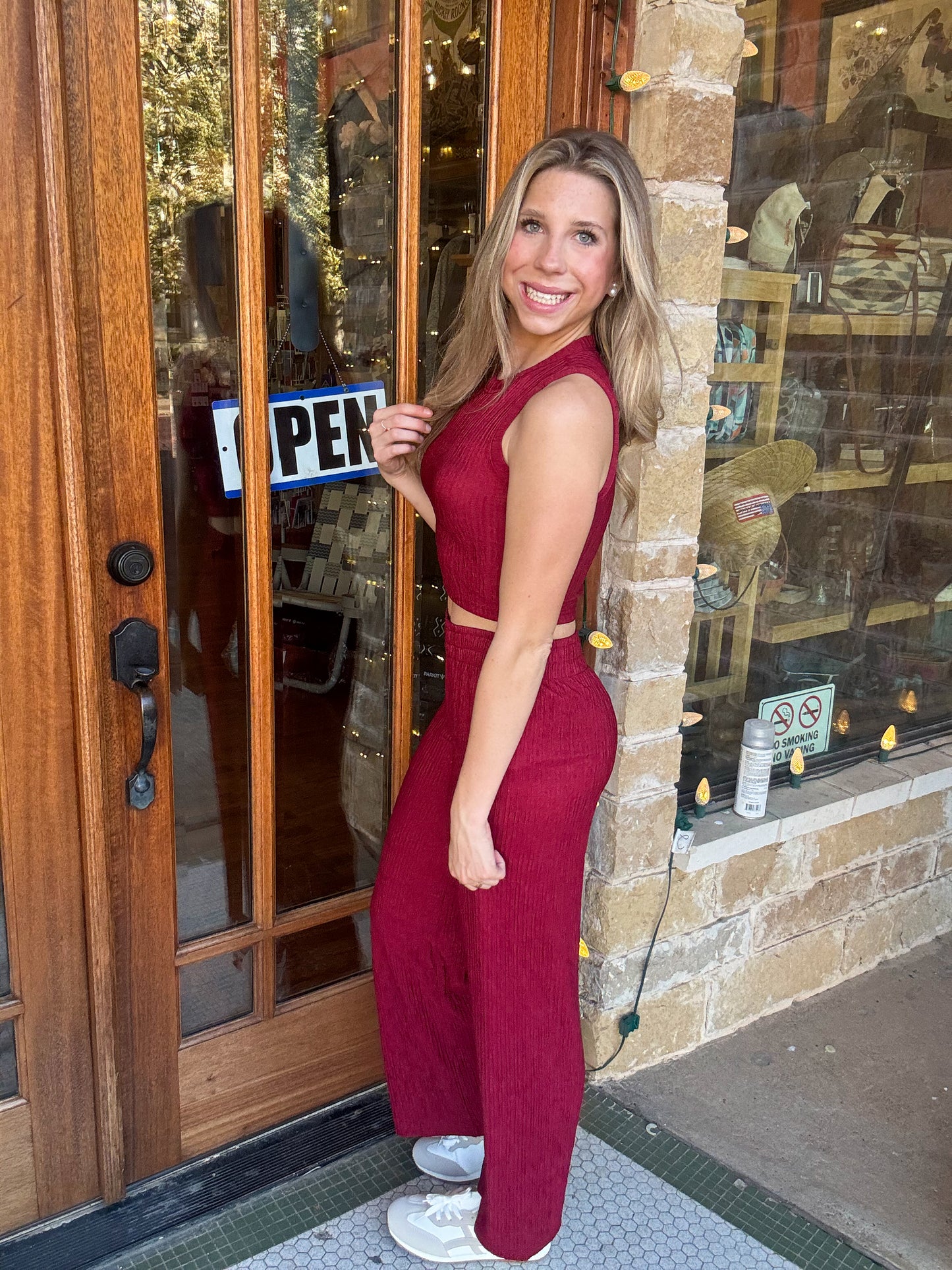 Red Lipstick Crinkled Plisse Cropped Tank and Pants Set