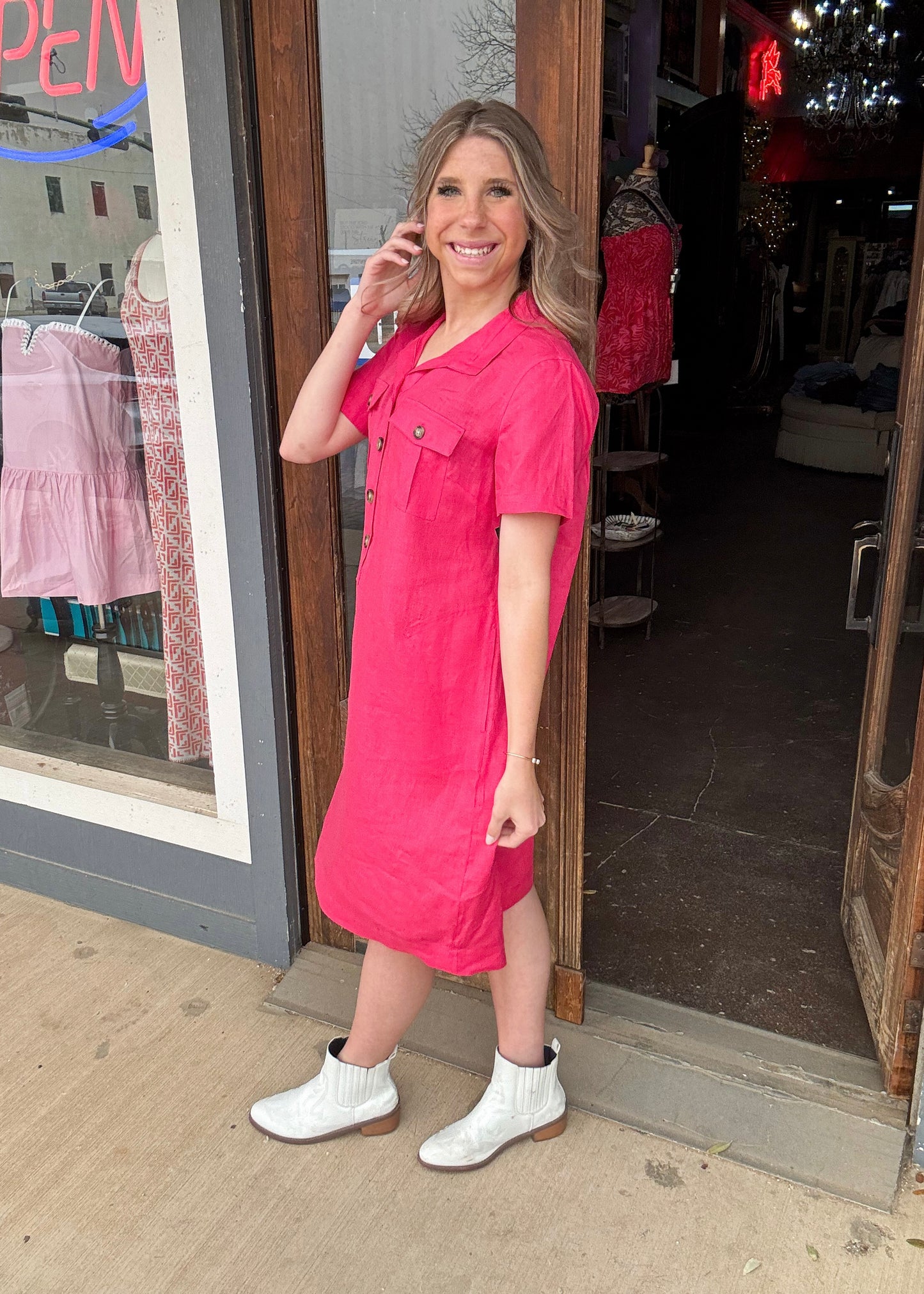 John Mark Button Up Magenta Short Sleeve Dress