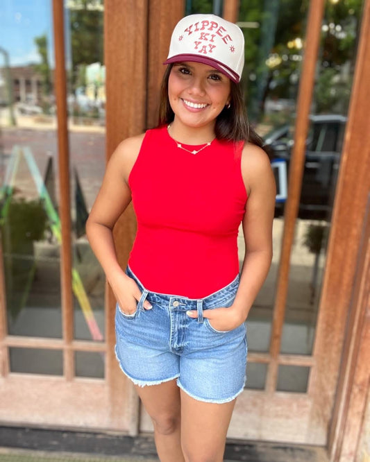 Tops | Bodysuit Red Round Neck Sleeveless